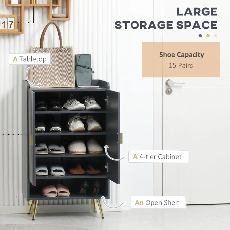 Narrow Shoe Storage Cabinet, Adjustable Shelves, Open Shelf, 15 Pairs, Grey