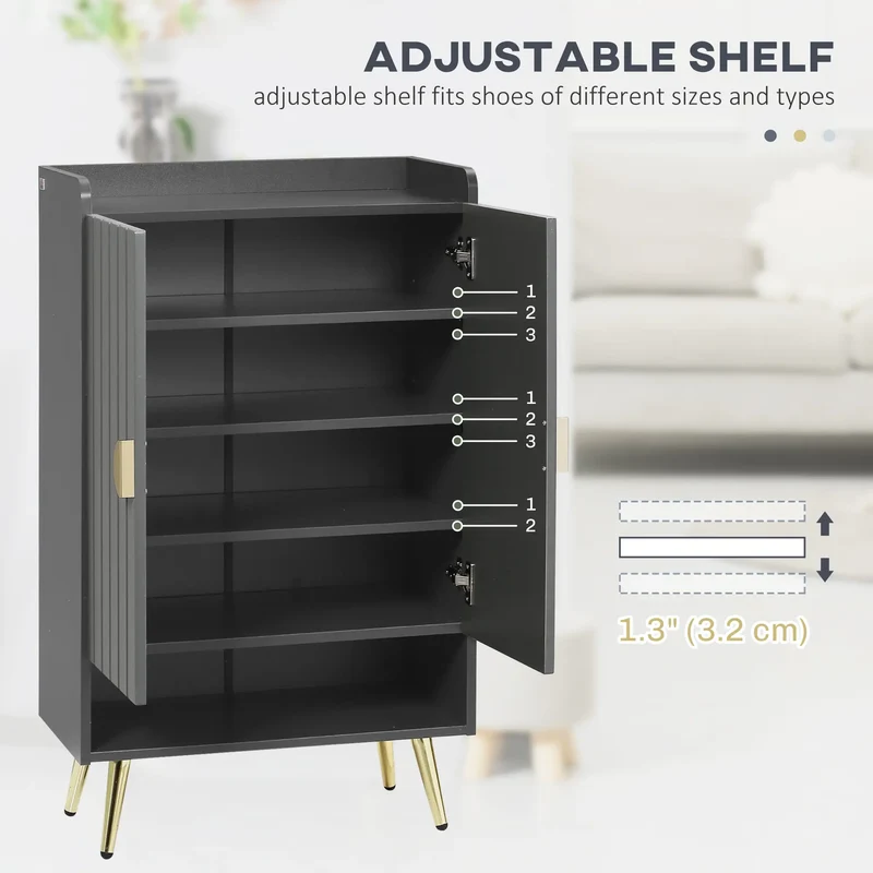 Narrow Shoe Storage Cabinet, Adjustable Shelves, Open Shelf, 15 Pairs, Grey