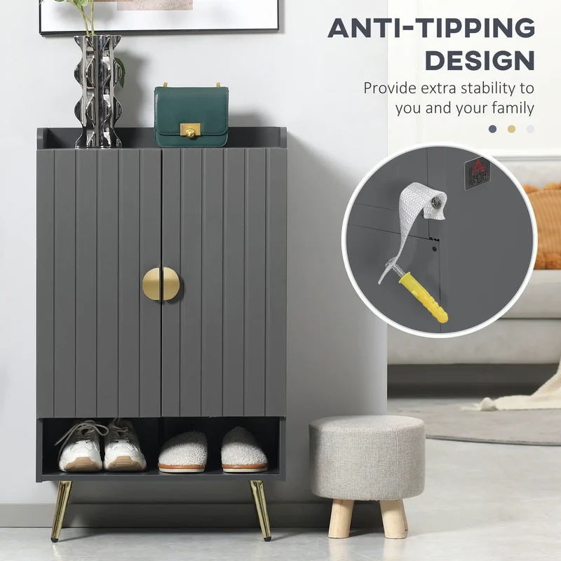 Narrow Shoe Storage Cabinet, Adjustable Shelves, Open Shelf, 15 Pairs, Grey