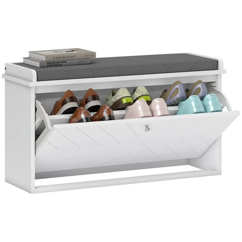 Shoe Storage Bench with Seat, Flip Drawer, Adjustable Shelf, Holds 8 Pairs