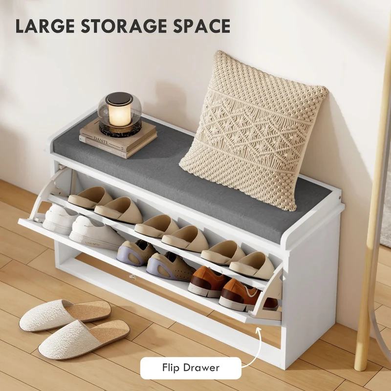 Shoe Storage Bench with Seat, Flip Drawer, Adjustable Shelf, Holds 8 Pairs