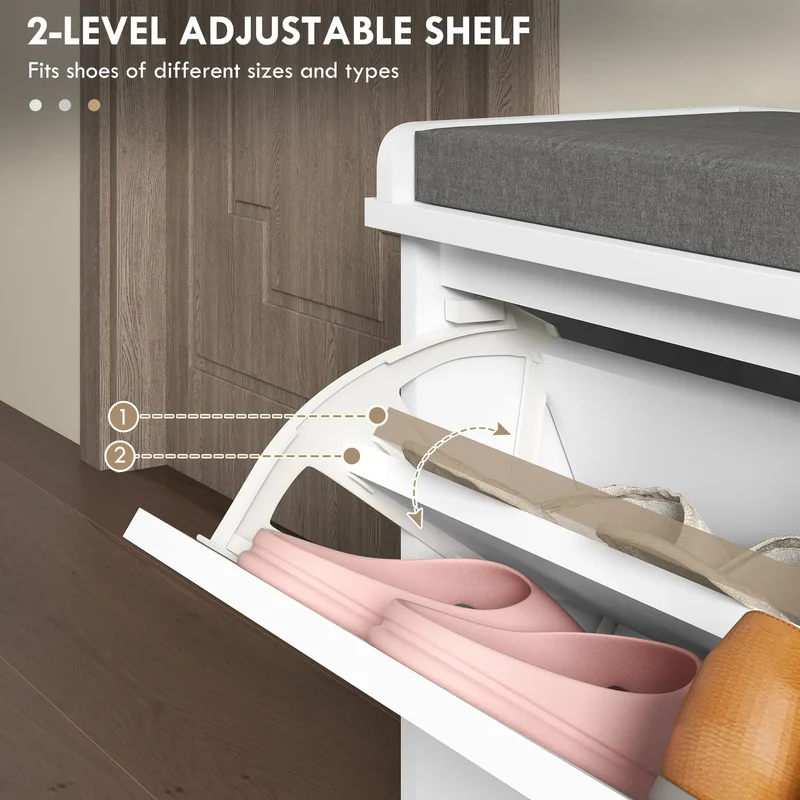 Shoe Storage Bench with Seat, Flip Drawer, Adjustable Shelf, Holds 8 Pairs
