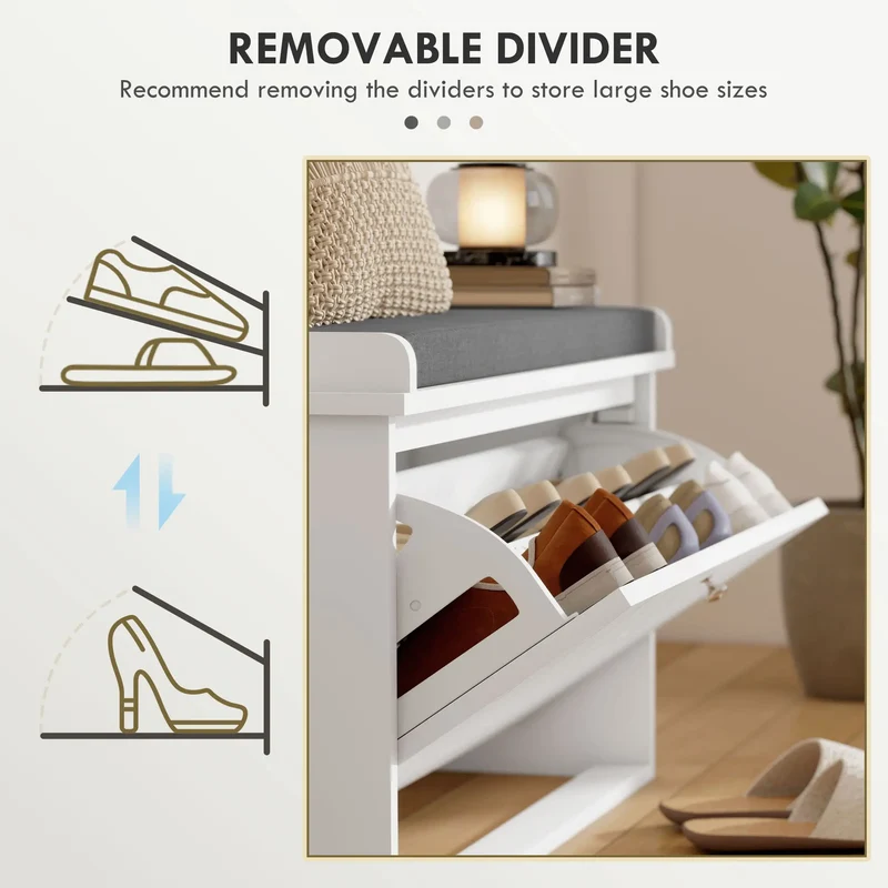 Shoe Storage Bench with Seat, Flip Drawer, Adjustable Shelf, Holds 8 Pairs