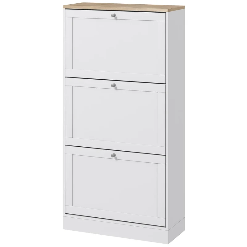 Modern Shoe Storage, 3 Flip Drawers, Adjustable Shelves, 18 Pairs, White