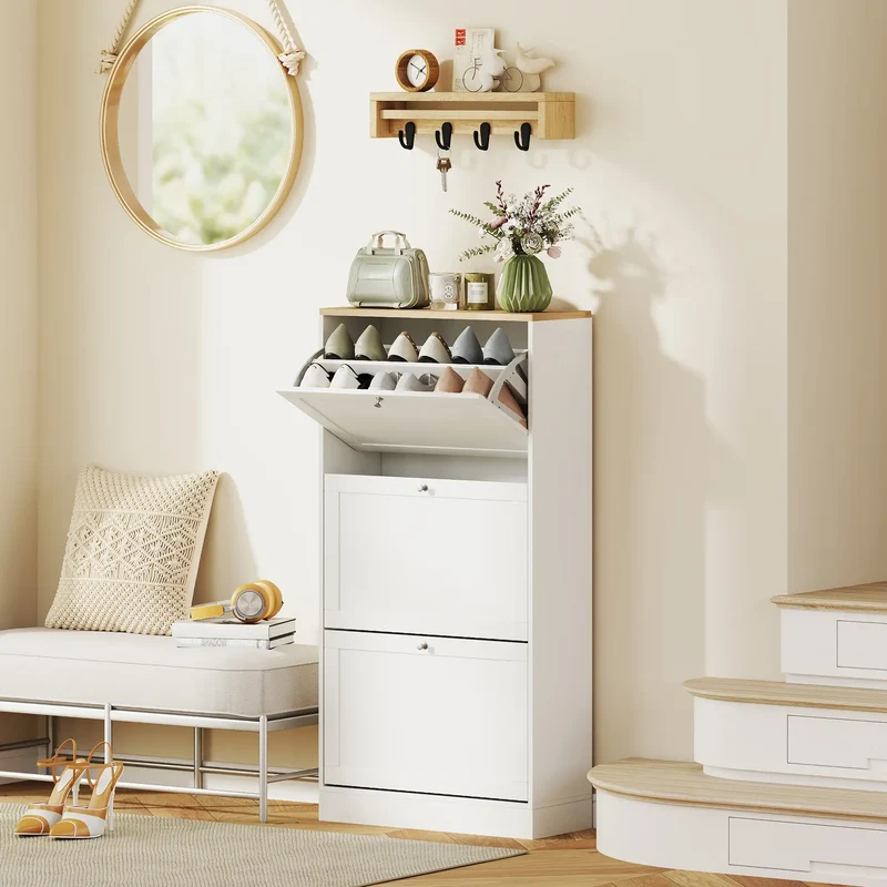 Modern Shoe Storage, 3 Flip Drawers, Adjustable Shelves, 18 Pairs, White