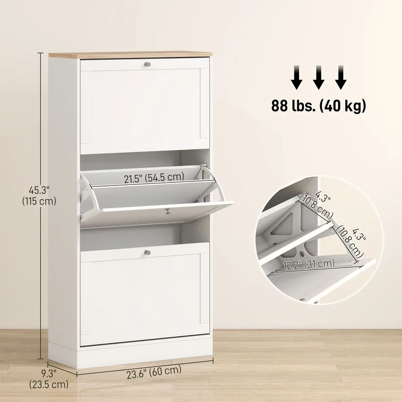 Modern Shoe Storage, 3 Flip Drawers, Adjustable Shelves, 18 Pairs, White