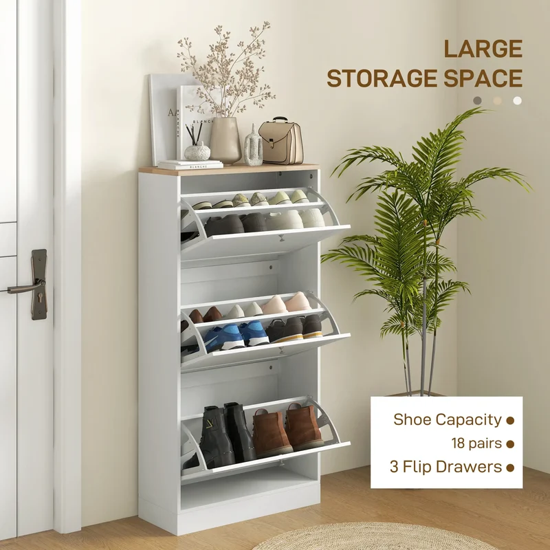 Modern Shoe Storage, 3 Flip Drawers, Adjustable Shelves, 18 Pairs, White