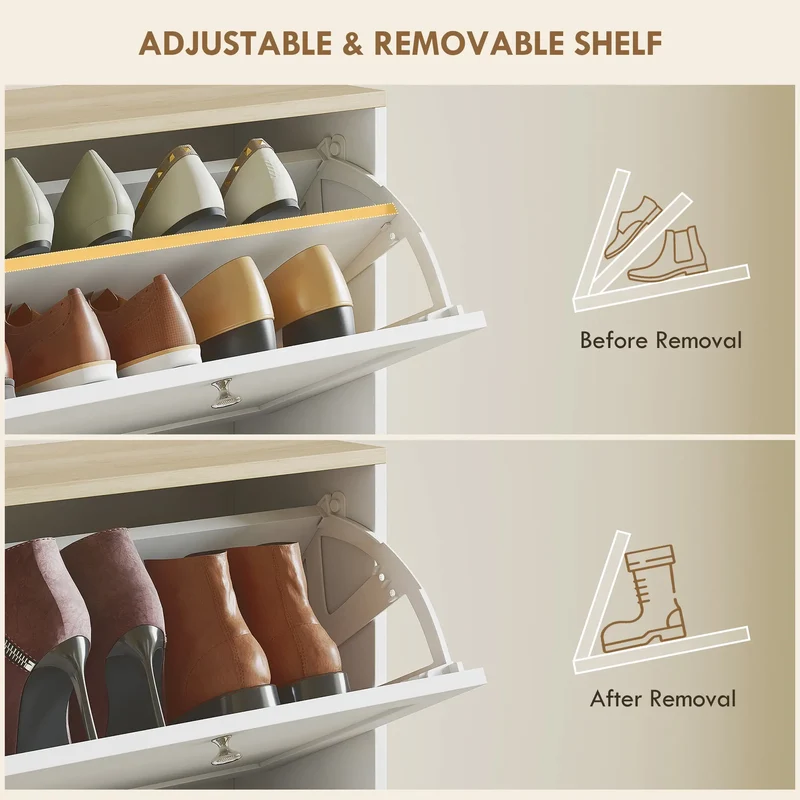 Modern Shoe Storage, 3 Flip Drawers, Adjustable Shelves, 18 Pairs, White