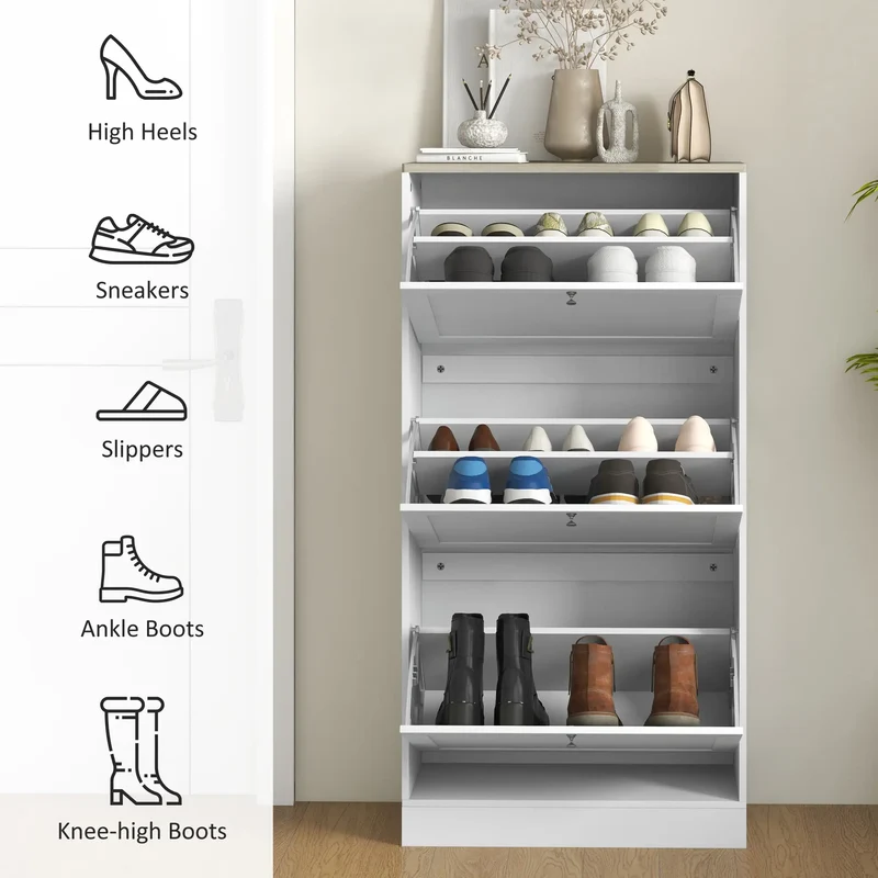 Modern Shoe Storage, 3 Flip Drawers, Adjustable Shelves, 18 Pairs, White