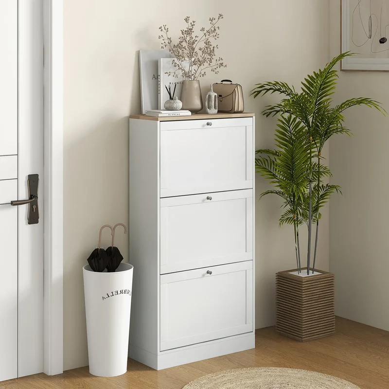 Modern Shoe Storage, 3 Flip Drawers, Adjustable Shelves, 18 Pairs, White