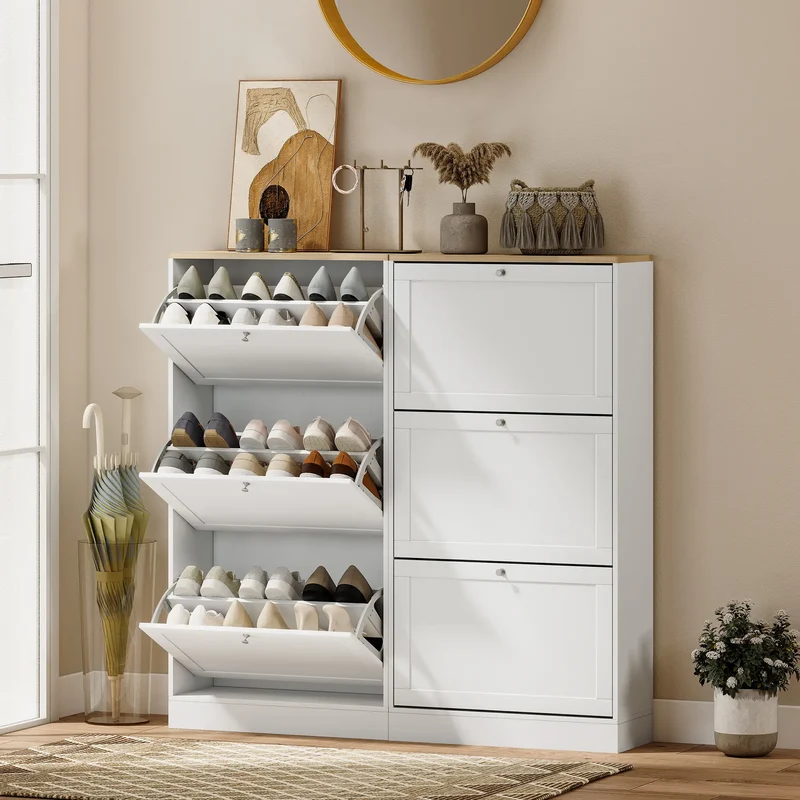 Modern Shoe Storage, 3 Flip Drawers, Adjustable Shelves, 18 Pairs, White