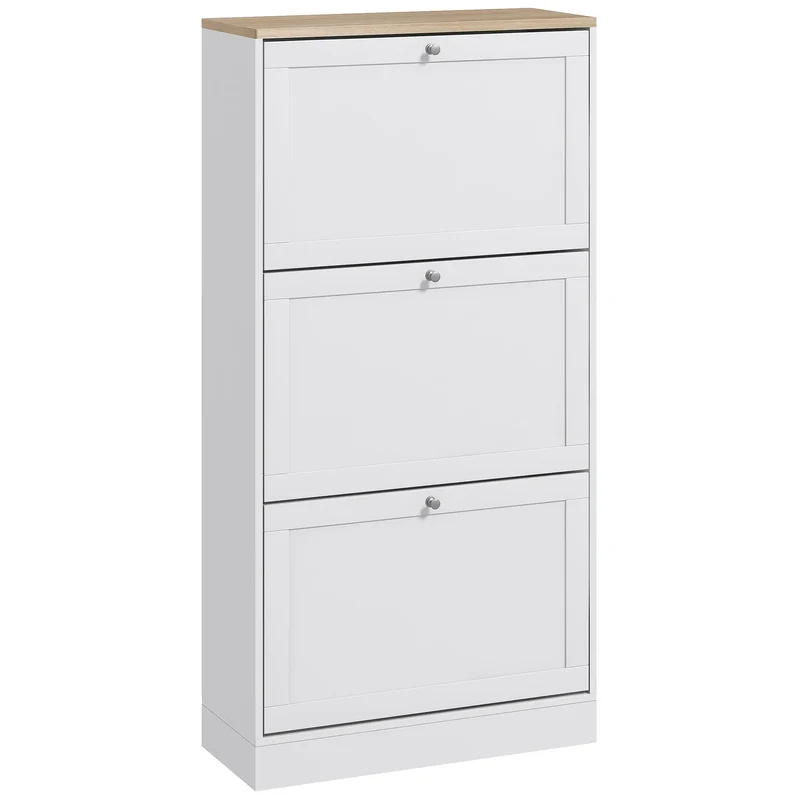 Modern Shoe Storage, 3 Flip Drawers, Adjustable Shelves, 18 Pairs, White