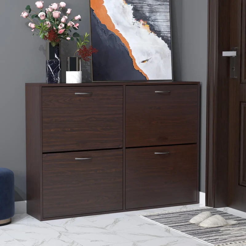 Flip Down Shoe Storage, Wooden Cabinet, 4 Drawer Organizer, Brown