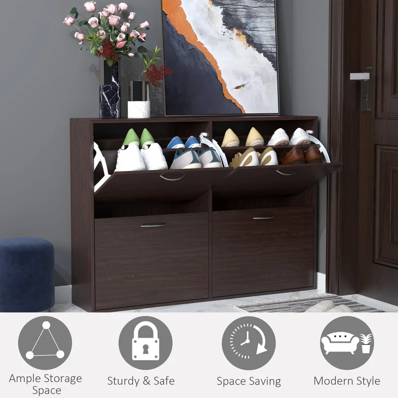 Flip Down Shoe Storage, Wooden Cabinet, 4 Drawer Organizer, Brown