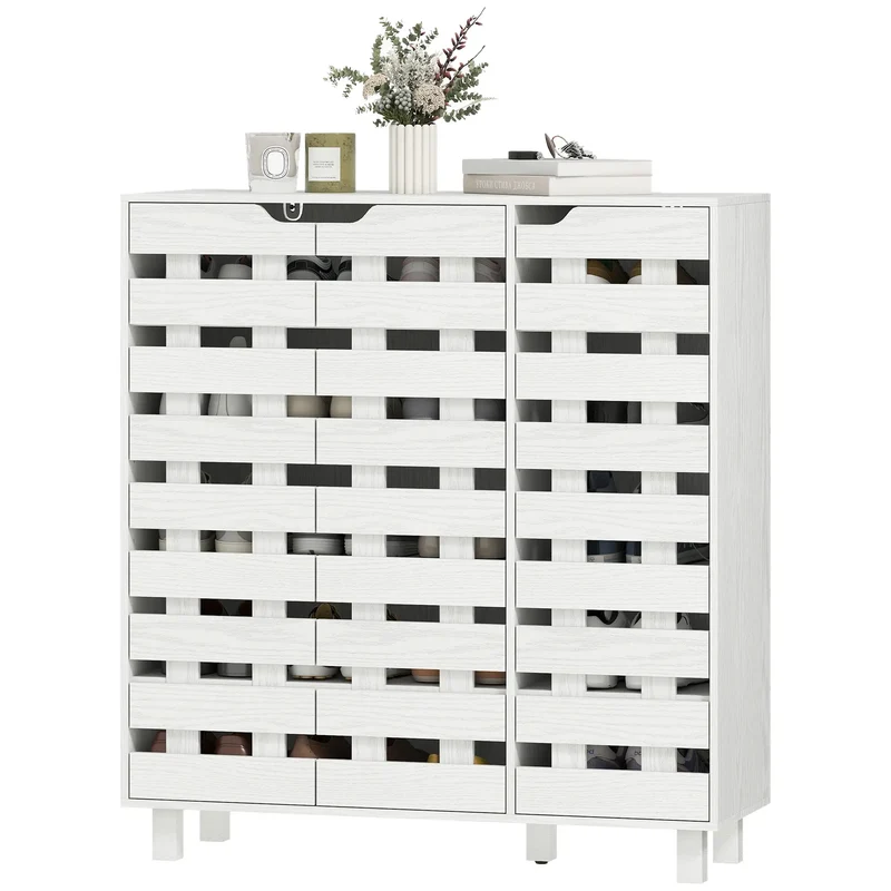 Shoe Cabinet, 21 Pair Storage with Hollowed-Out Doors, White
