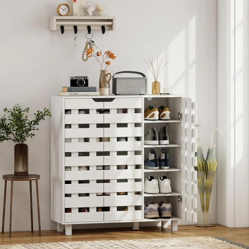 Shoe Cabinet, 21 Pair Storage with Hollowed-Out Doors, White