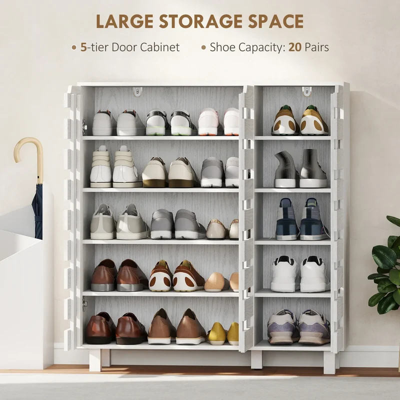 Shoe Cabinet, 21 Pair Storage with Hollowed-Out Doors, White