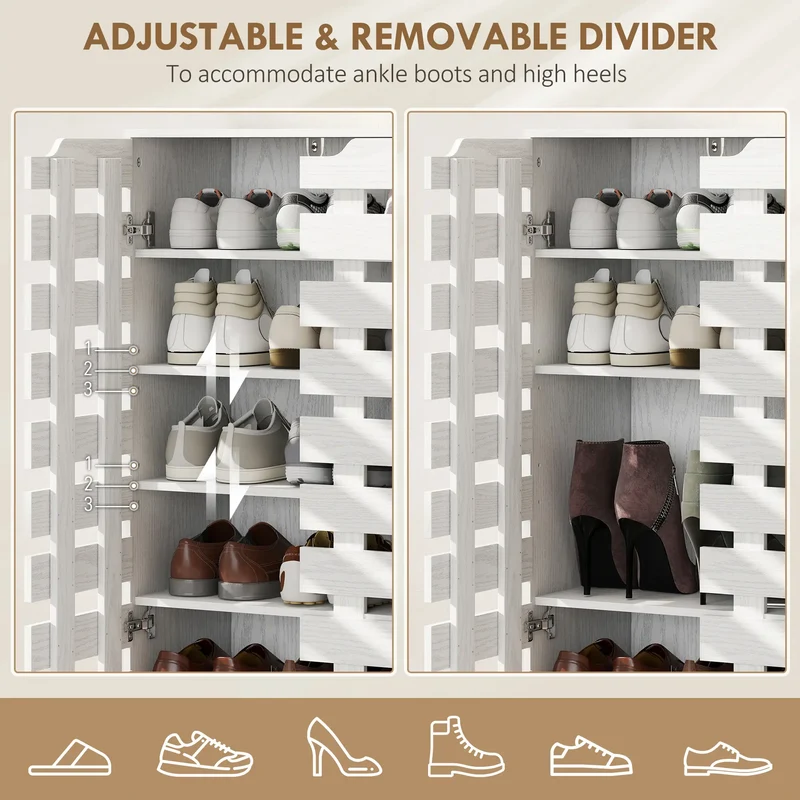 Shoe Cabinet, 21 Pair Storage with Hollowed-Out Doors, White