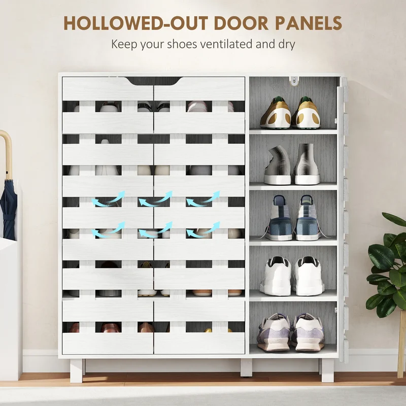 Shoe Cabinet, 21 Pair Storage with Hollowed-Out Doors, White