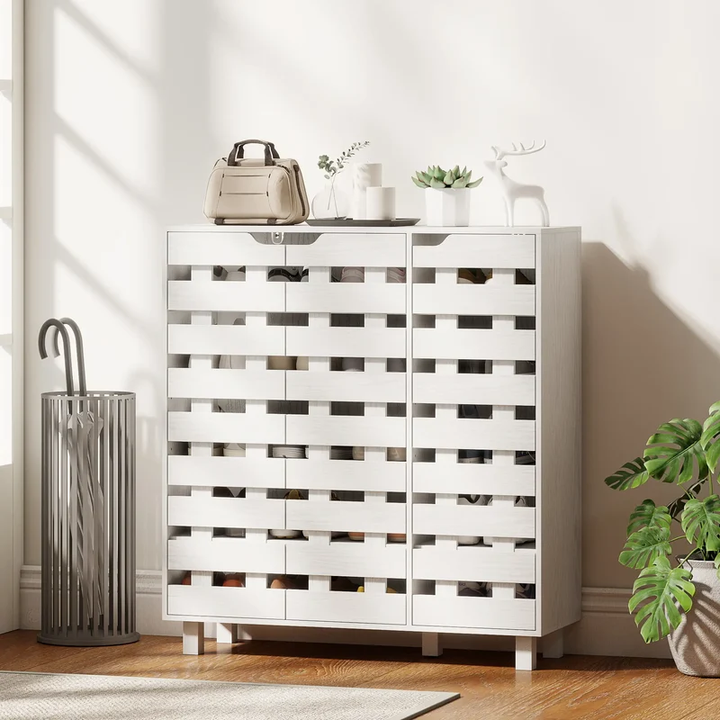 Shoe Cabinet, 21 Pair Storage with Hollowed-Out Doors, White