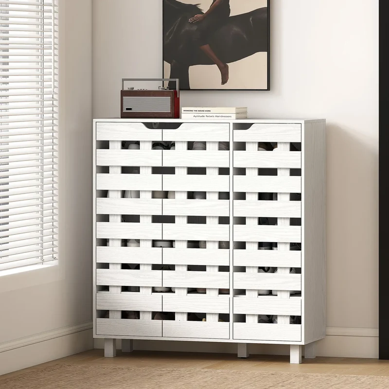 Shoe Cabinet, 21 Pair Storage with Hollowed-Out Doors, White