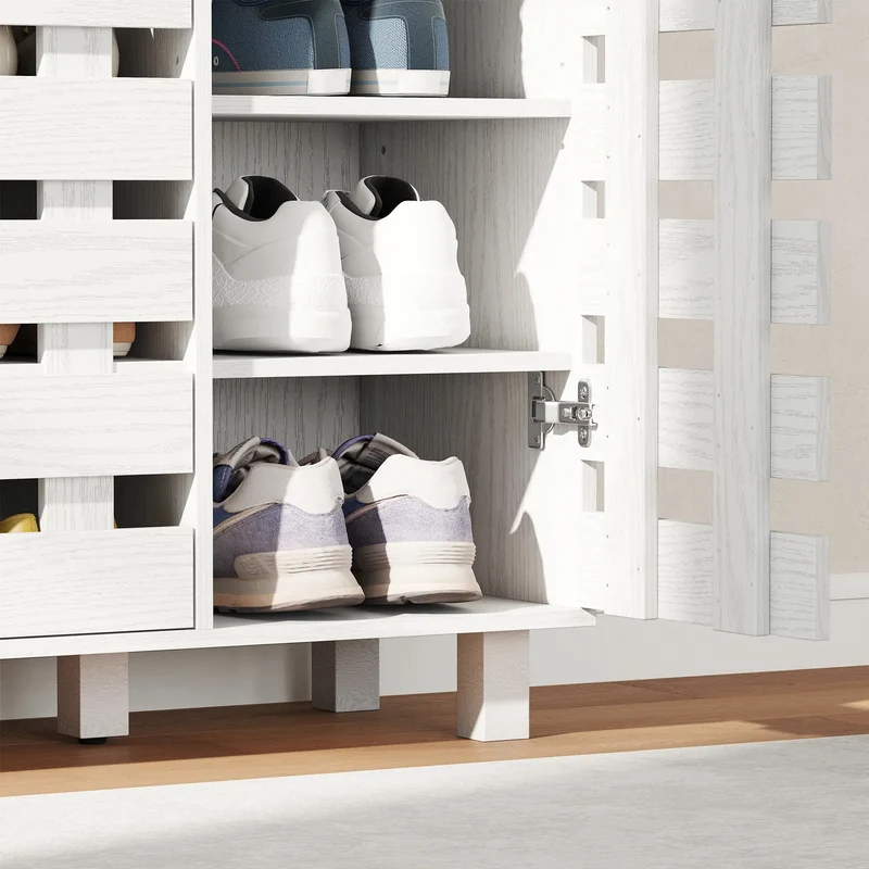 Shoe Cabinet, 21 Pair Storage with Hollowed-Out Doors, White
