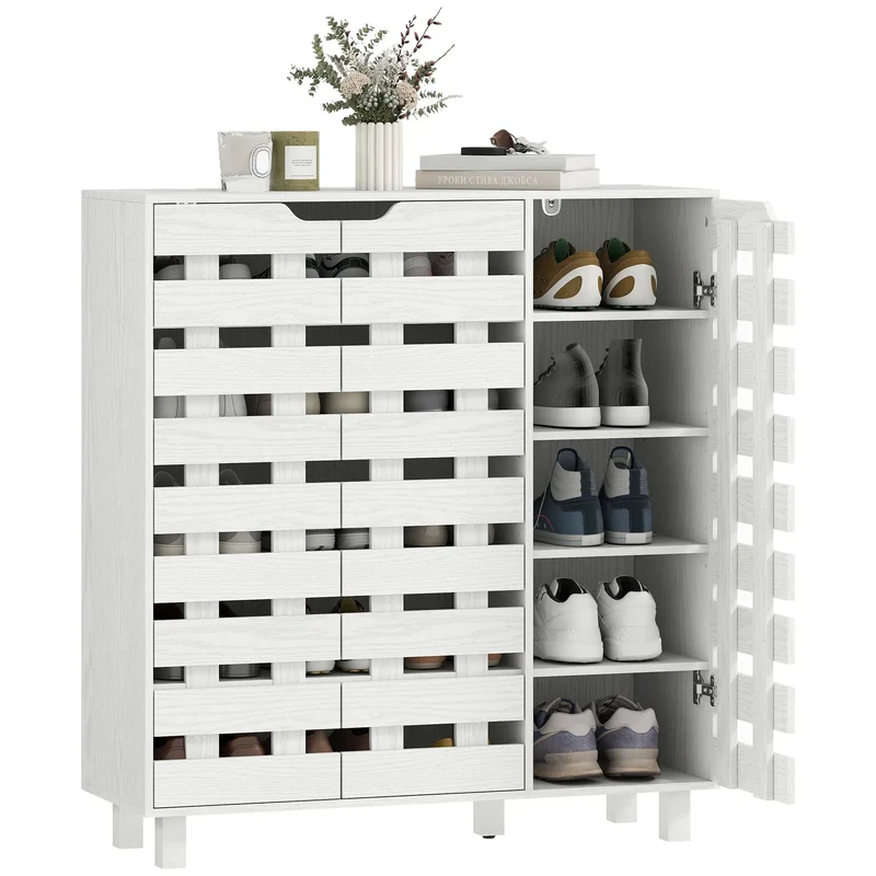 Shoe Cabinet, 21 Pair Storage with Hollowed-Out Doors, White
