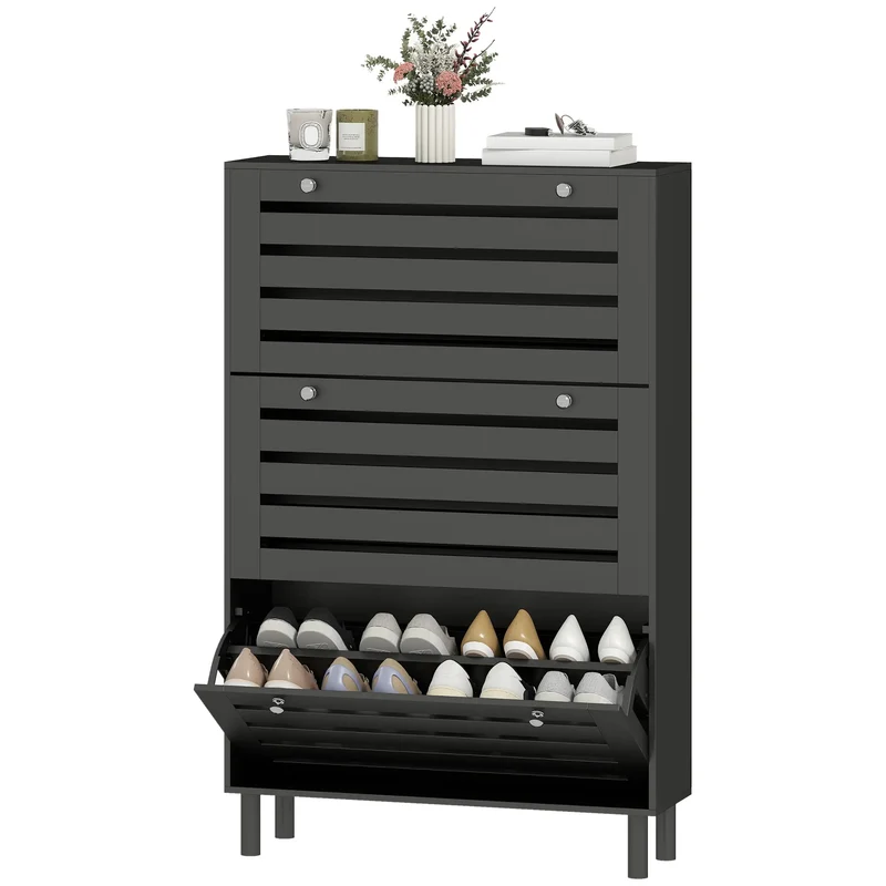Narrow Shoe Storage Cabinet, 3 Flip Drawers, Adjustable Shelves, 24 Pairs, Black