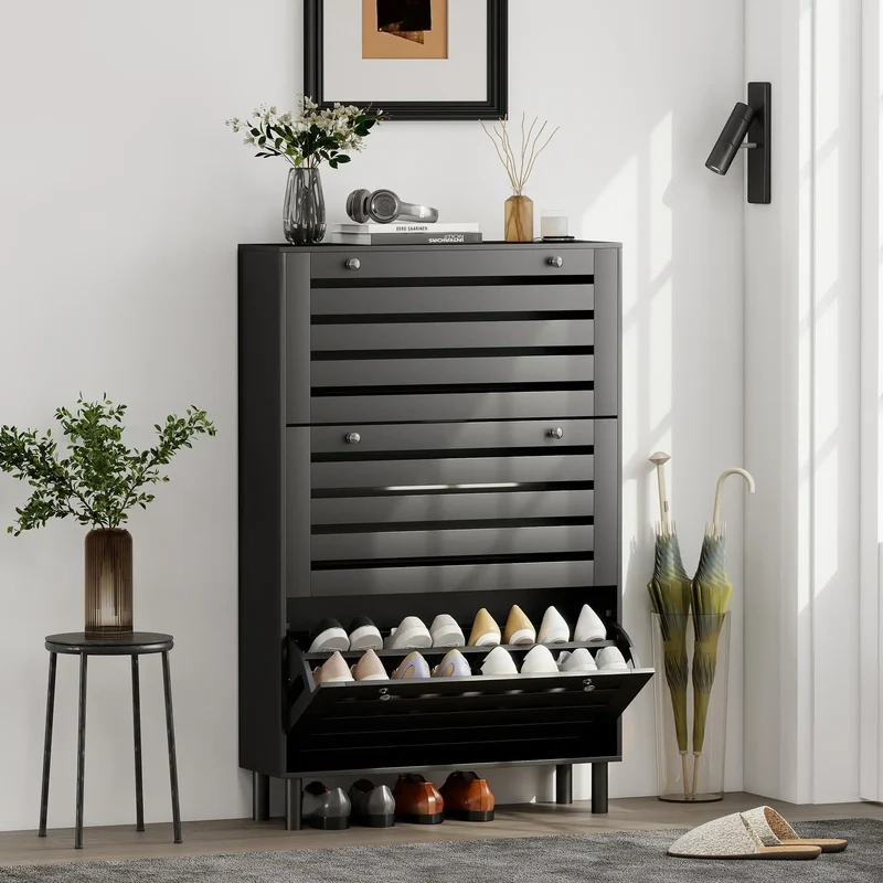 Narrow Shoe Storage Cabinet, 3 Flip Drawers, Adjustable Shelves, 24 Pairs, Black