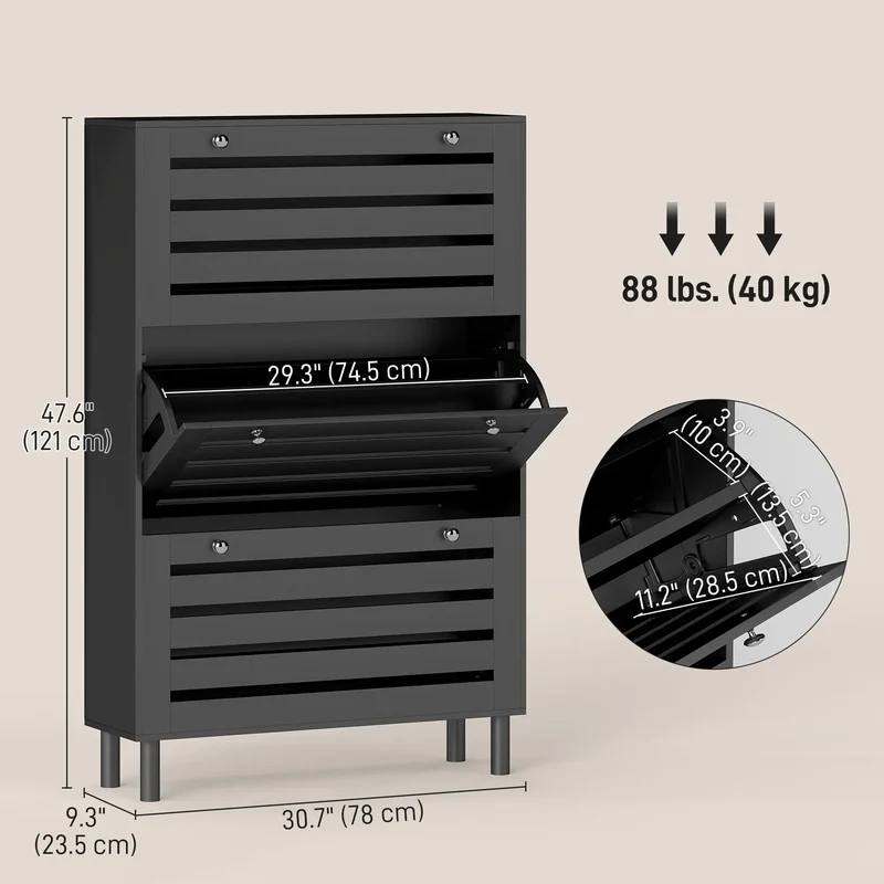 Narrow Shoe Storage Cabinet, 3 Flip Drawers, Adjustable Shelves, 24 Pairs, Black
