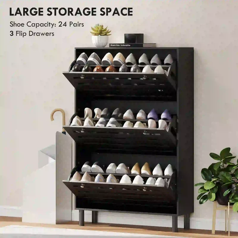 Narrow Shoe Storage Cabinet, 3 Flip Drawers, Adjustable Shelves, 24 Pairs, Black
