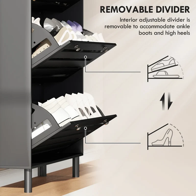 Narrow Shoe Storage Cabinet, 3 Flip Drawers, Adjustable Shelves, 24 Pairs, Black