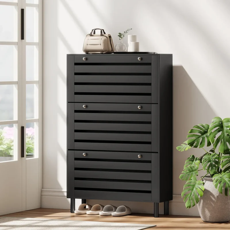 Narrow Shoe Storage Cabinet, 3 Flip Drawers, Adjustable Shelves, 24 Pairs, Black
