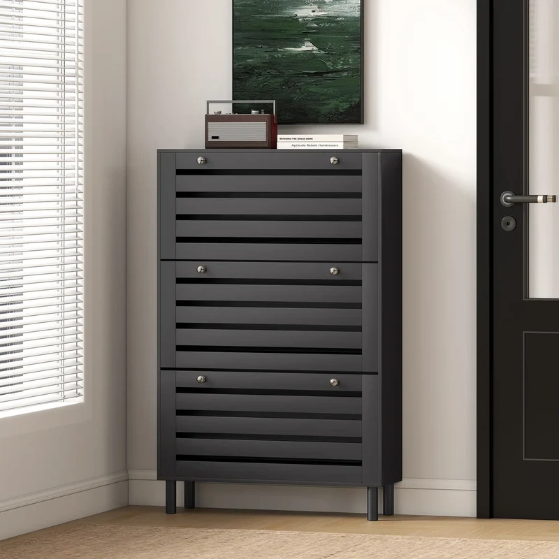 Narrow Shoe Storage Cabinet, 3 Flip Drawers, Adjustable Shelves, 24 Pairs, Black