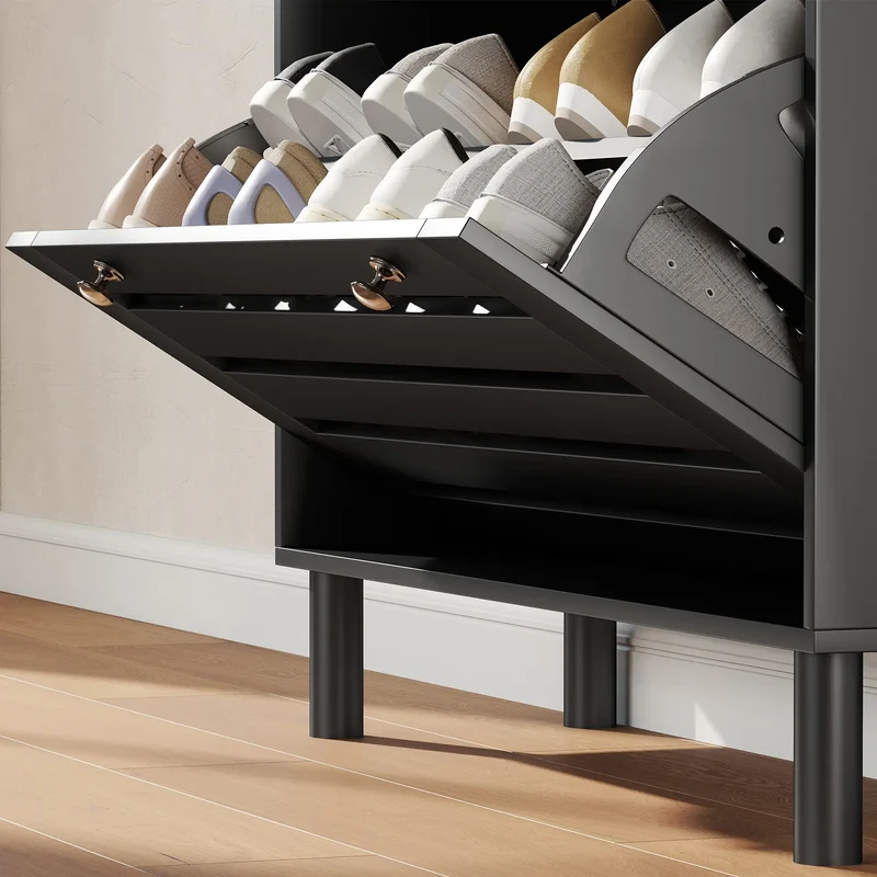Narrow Shoe Storage Cabinet, 3 Flip Drawers, Adjustable Shelves, 24 Pairs, Black