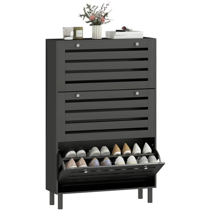 Narrow Shoe Storage Cabinet, 3 Flip Drawers, Adjustable Shelves, 24 Pairs, Black