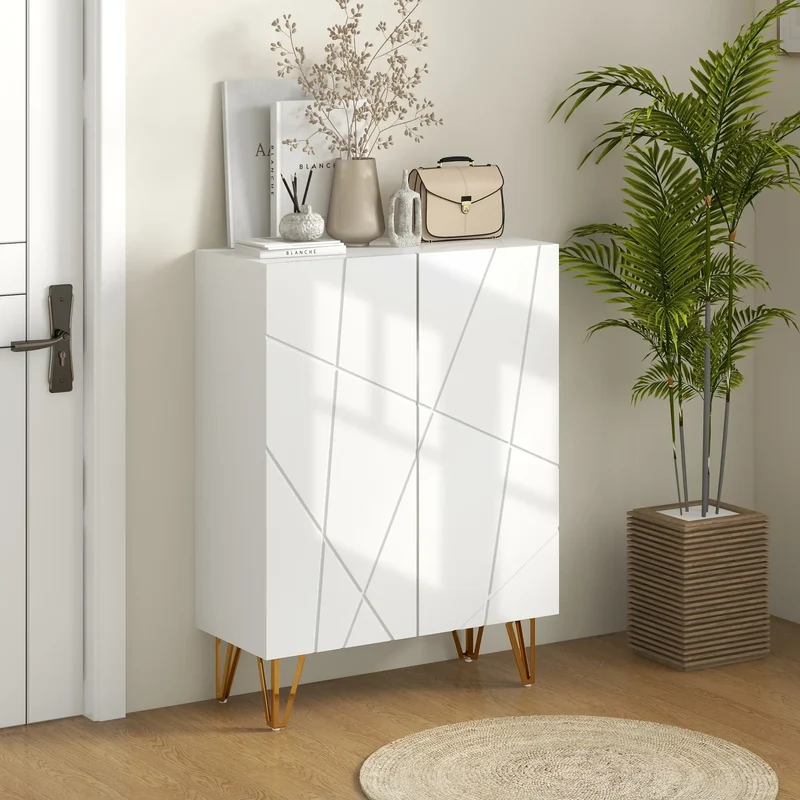 Narrow Shoe Storage Cabinet, Adjustable Shelves, 15-20 Pairs, High Gloss White