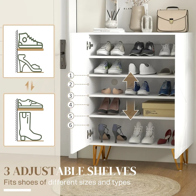 Narrow Shoe Storage Cabinet, Adjustable Shelves, 15-20 Pairs, High Gloss White