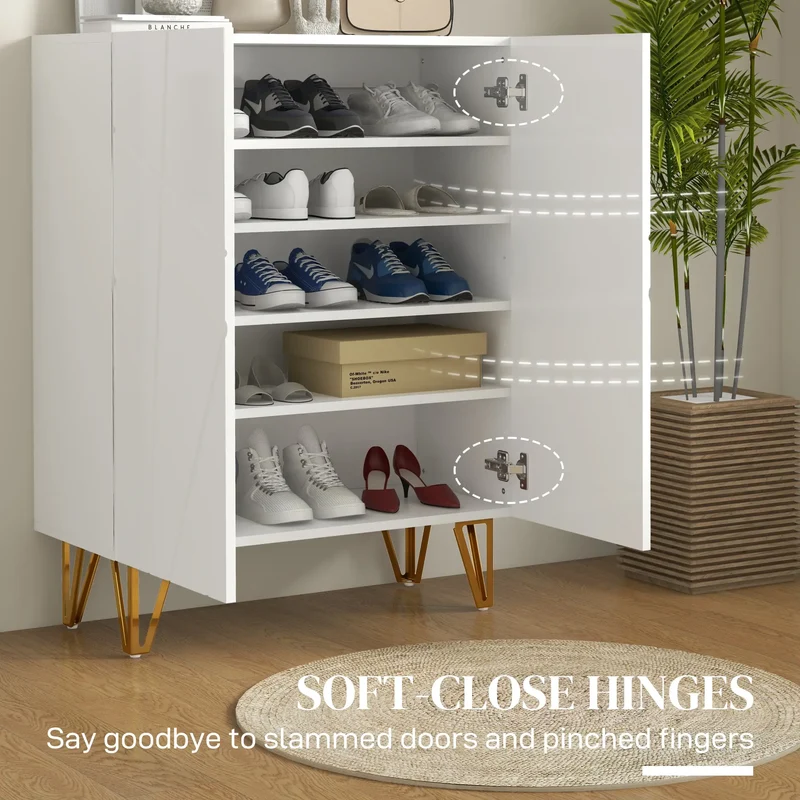 Narrow Shoe Storage Cabinet, Adjustable Shelves, 15-20 Pairs, High Gloss White