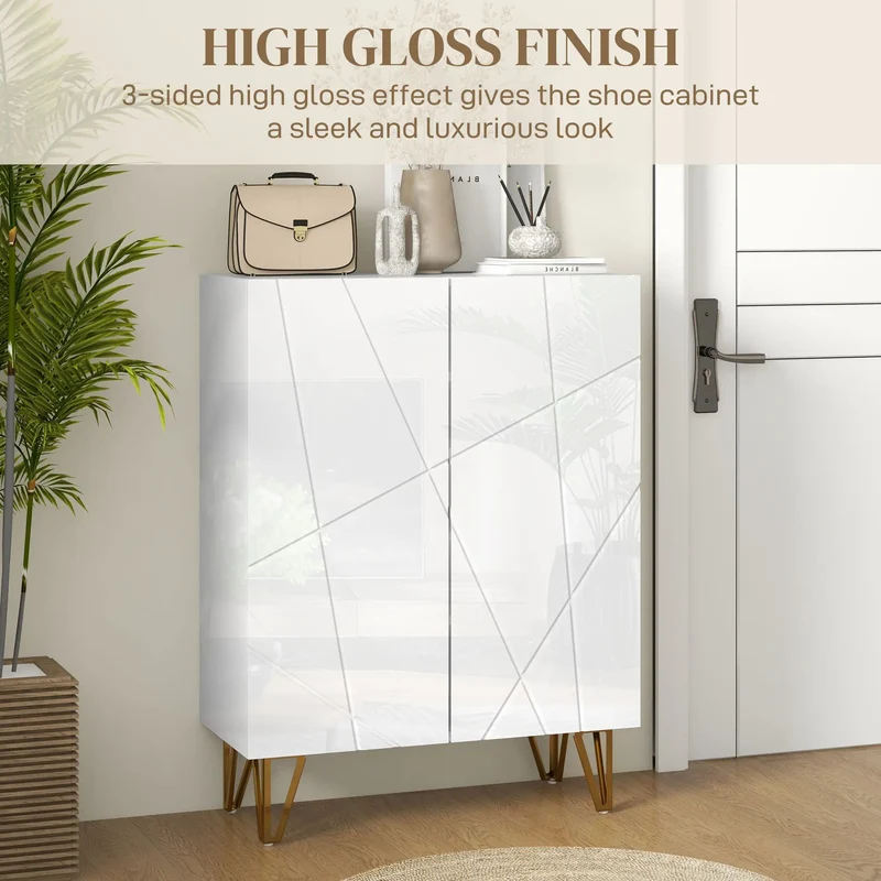 Narrow Shoe Storage Cabinet, Adjustable Shelves, 15-20 Pairs, High Gloss White