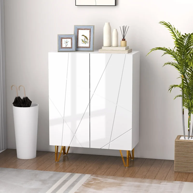 Narrow Shoe Storage Cabinet, Adjustable Shelves, 15-20 Pairs, High Gloss White