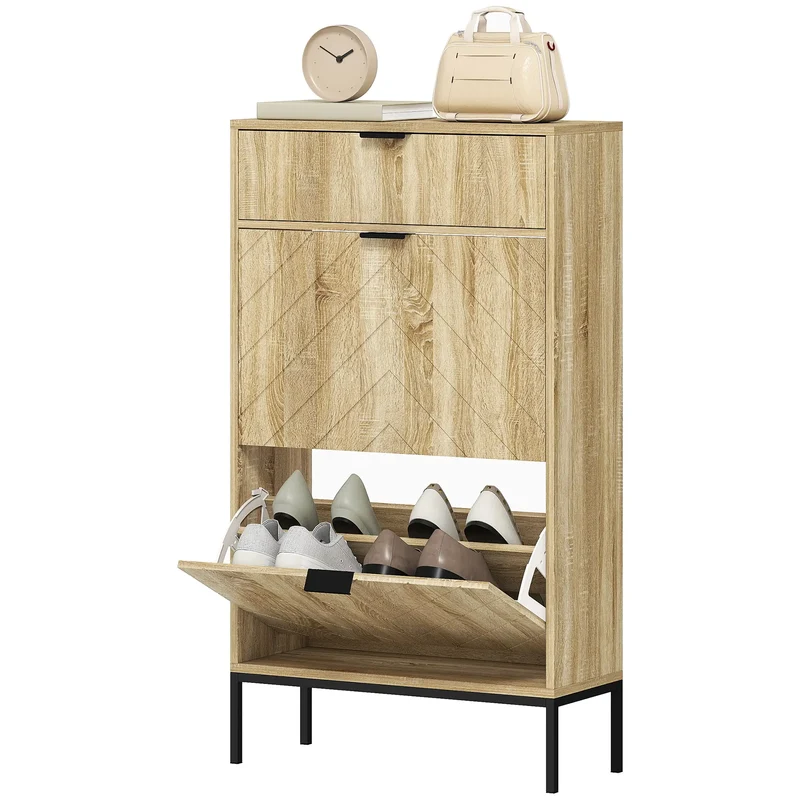 Narrow Shoe Storage Cabinet, Flip Drawers, Adjustable Shelves, Holds 8 Pairs, Oak