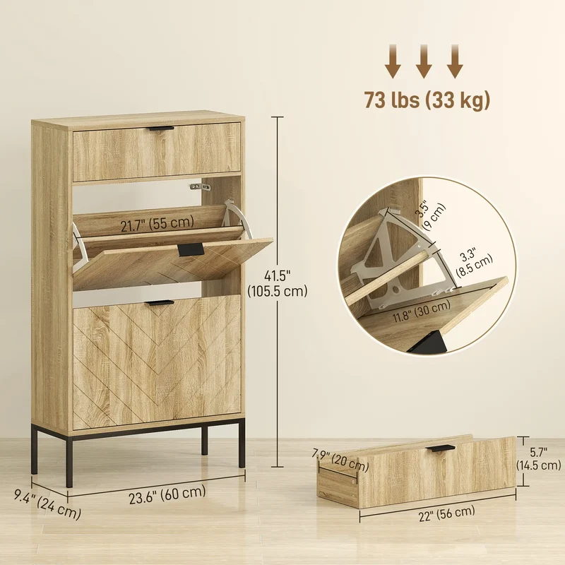 Narrow Shoe Storage Cabinet, Flip Drawers, Adjustable Shelves, Holds 8 Pairs, Oak