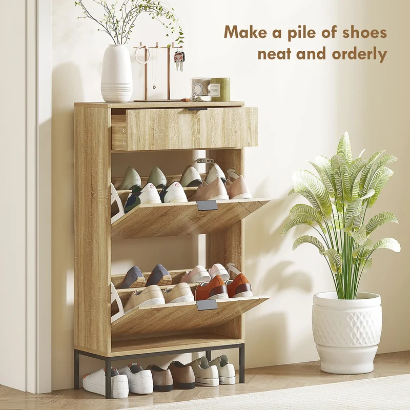 Narrow Shoe Storage Cabinet, Flip Drawers, Adjustable Shelves, Holds 8 Pairs, Oak