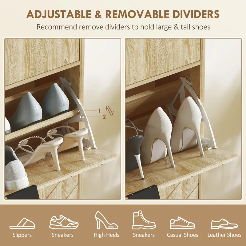 Narrow Shoe Storage Cabinet, Flip Drawers, Adjustable Shelves, Holds 8 Pairs, Oak