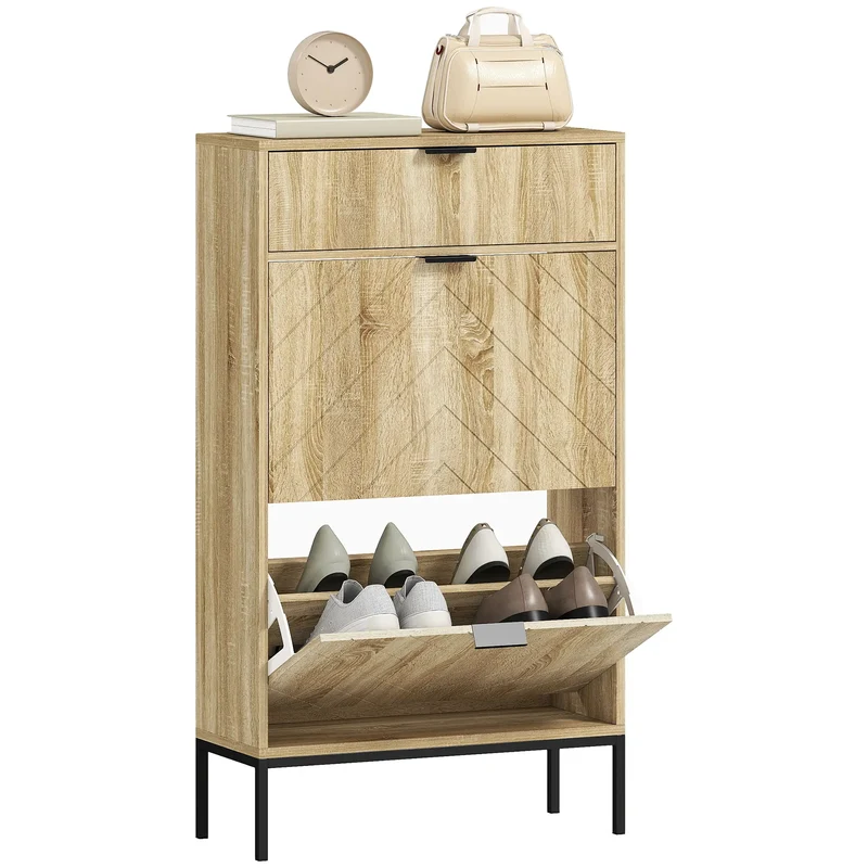 Narrow Shoe Storage Cabinet, Flip Drawers, Adjustable Shelves, Holds 8 Pairs, Oak