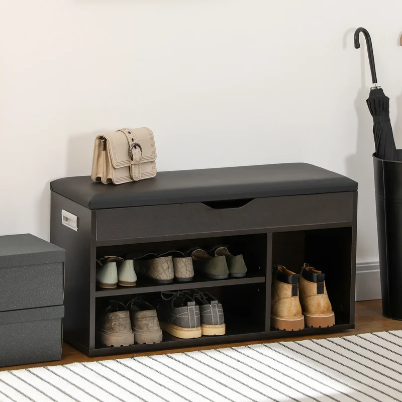 Shoe Bench with Padded Cushion, Hidden Storage, Black