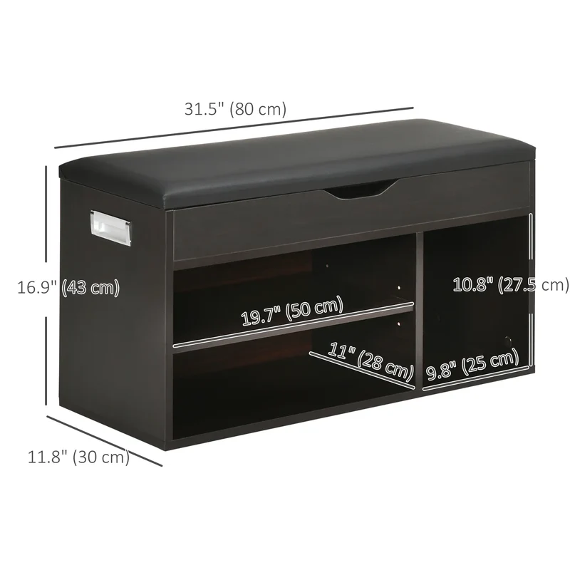 Shoe Bench with Padded Cushion, Hidden Storage, Black