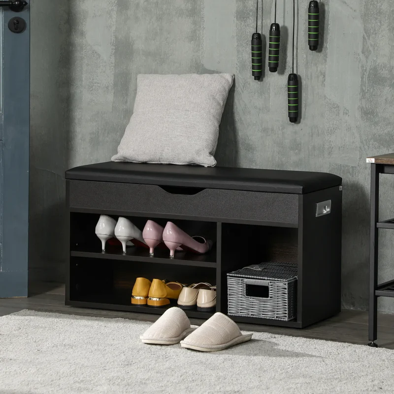 Shoe Bench with Padded Cushion, Hidden Storage, Black