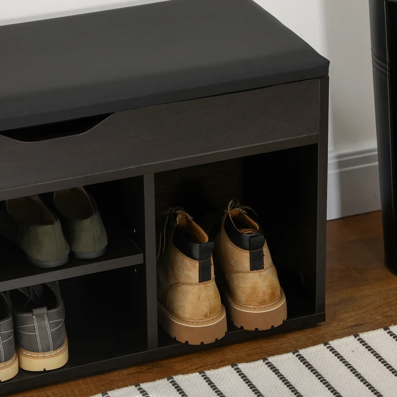 Shoe Bench with Padded Cushion, Hidden Storage, Black